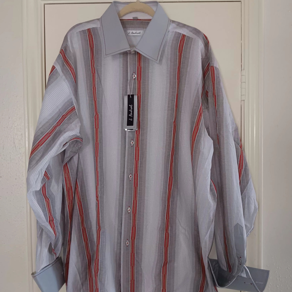 Stylish Striped Dress Shirt in Gray and Red